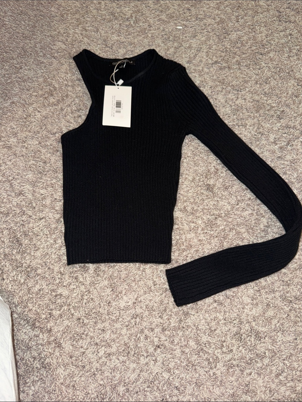 Cotton Candy Black One-Shoulder Ribbed Knit Sweater